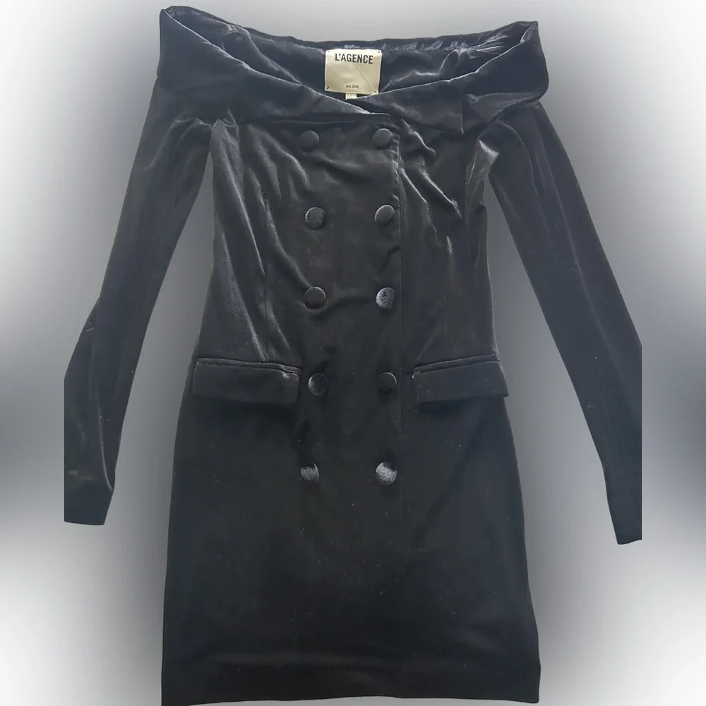 L'AGENCE NWT Black Velvet Double-Breasted Blazer Cocktail Dress Sz 0 - Picture 2 of 10